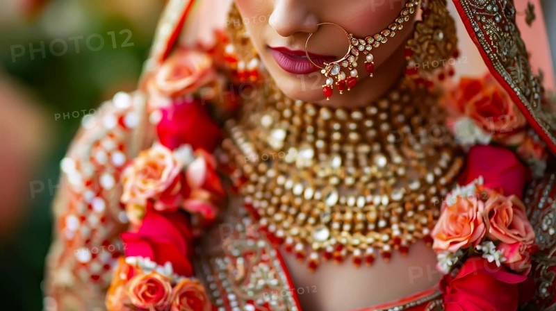 A bride wearing a traditional gold necklace and floral adornments, exuding a rich cultural ambiance with red roses, AI generated
