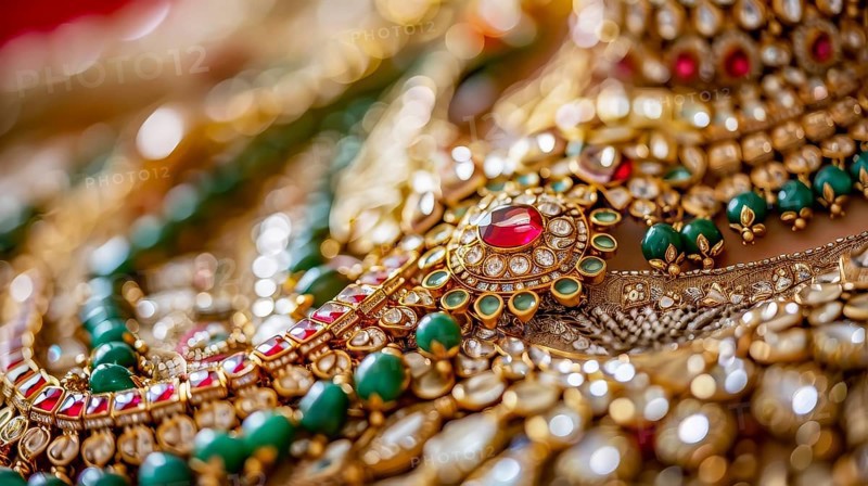 Close-up of an elaborate, traditional gold necklace with ruby and emerald gemstones, portraying intricate design and cultural richness, AI generated