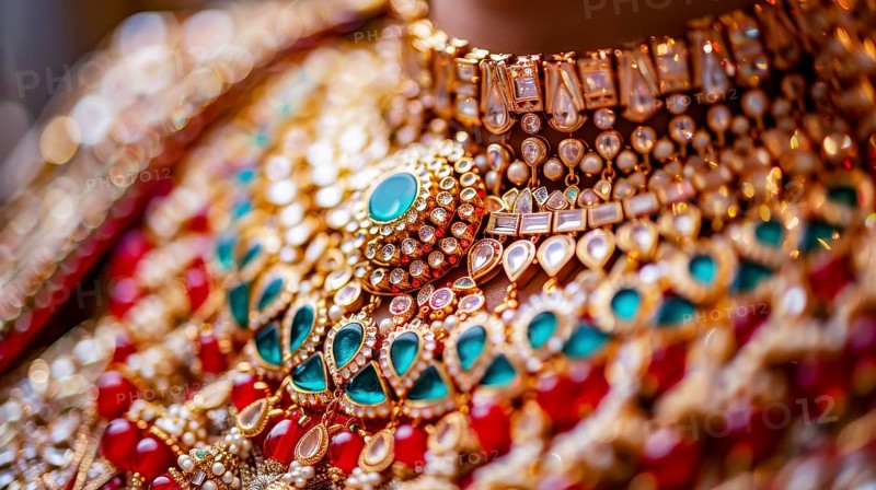 An ornate, traditional golden necklace adorned with red and emerald gemstones, capturing a vibrant, cultural essence, AI generated