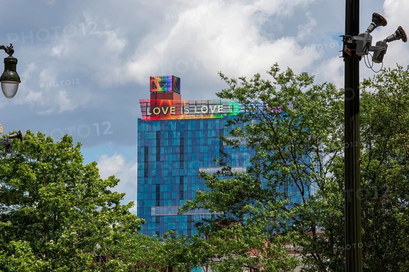Detroit, Michigan USA, 9 June 2024, Gay, lesbian, bisexual, and transgender activists and their allies marched for equality in the Motor City Pride parade. The Hollywood Casino Hotel added a pride slogan to their hotel