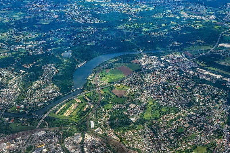 Aerial view from a great height of Hengsteysee on the right and at the bottom of the picture the city of Hagen, North Rhine-Westphalia, Germany, Europe