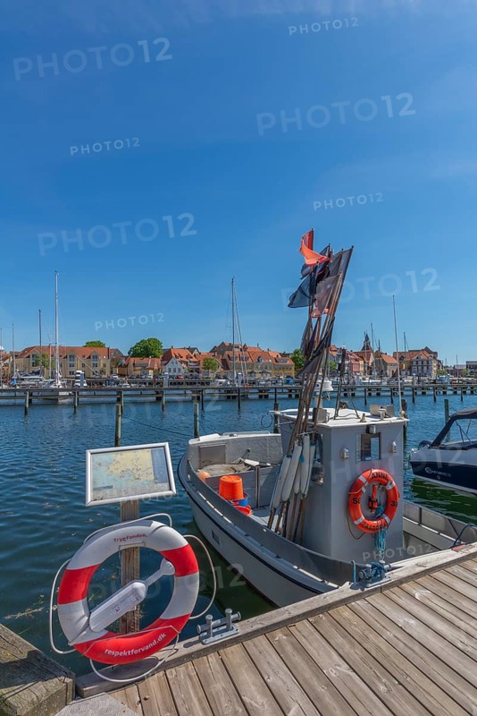 Town view Faborg, Faaborg, harbour with fishing boats, motor boats and sailing yachts, fishing boat equipment, flags, lifebuoy, jetty, Fyn, island of Funen, south coast, Danish South Sea, Denmark, Europe