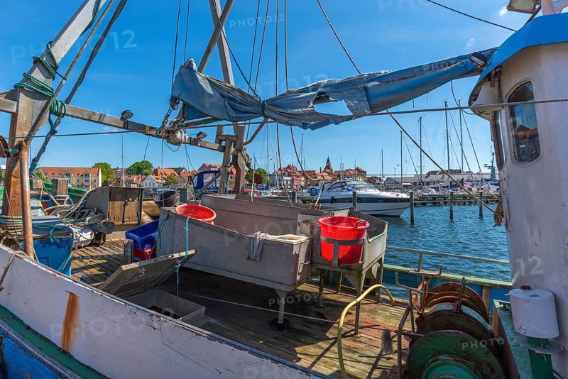 City view Faborg, Faaborg, harbour with fishing boats, motor boats and sailing yachts, fishing boat equipment, Fyn, island Funen, south coast, Danish South Sea, Denmark, Europe