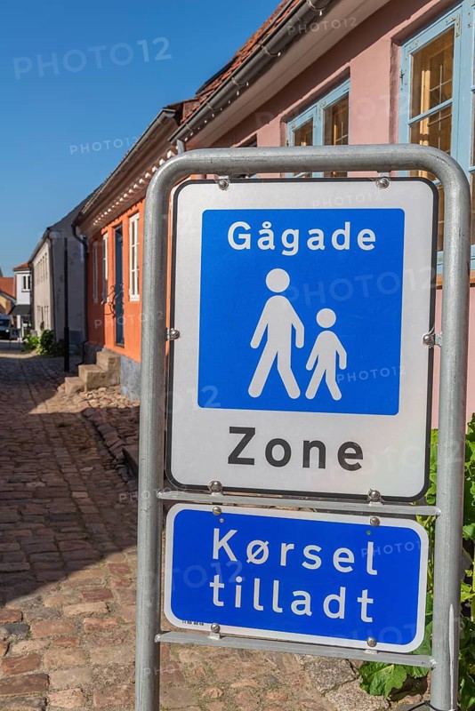 Faborg, Faaborg, picturesque old town with colourful houses, half-timbered houses, cobblestones, sign, pedestrian zone, traffic allowed, Fyn, island of Funen, south coast, Danish South Sea, Denmark, Europe