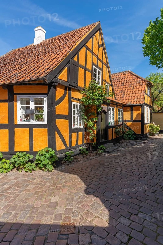 Faborg, Faaborg, picturesque old town with colourful houses, half-timbered houses, plants, gabled houses, cobblestones, Fyn, island of Funen, south coast, Danish South Sea, Denmark, Europe