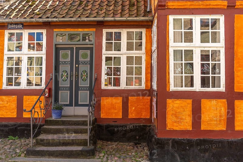 Faborg, Faaborg, picturesque old town with colourful houses, Holkegade, Hokestrasse, detail, steps, railing, decorated front door, half-timbered house, Fyn, island of Funen, south coast, Danish South Sea, Denmark, Europe