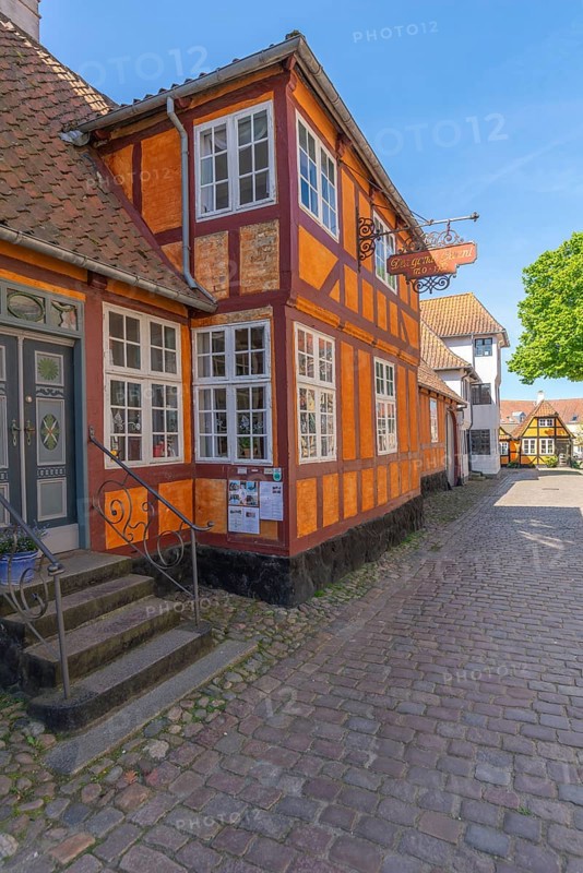 Faborg, Faaborg, picturesque old town with colourful houses, Den gamle Gaard, the old courtyard, street, half-timbered houses, cobblestones, Fyn, island of Funen, south coast, Danish South Sea, Denmark, Europe