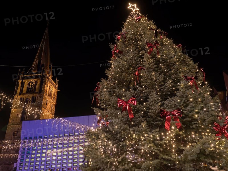 In the centre a large, festively decorated Christmas tree with lights, red bows and a star at the top, next to an illuminated church at night, Ahaus, Münsterland, North Rhine-Westphalia, Germany, Europe
