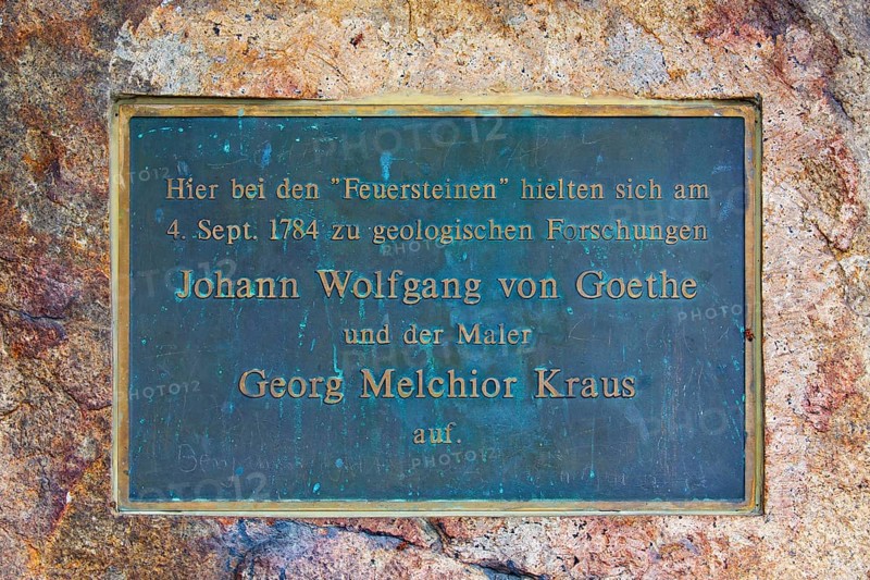 Plaque commemorating the visit of Goethe and painter Georg Melchior Kraus at the Feuersteinklippe, Feuersteine near Schierke, Saxony-Anhalt, Germany, Europe