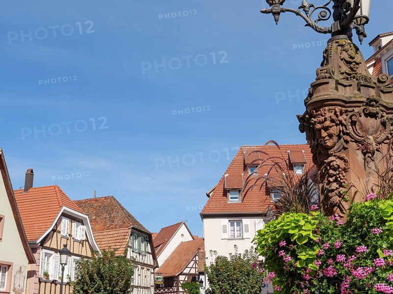 Image of a historic street lamp with half-timbered houses and flowers in the background, Wissembourg, Alsace, France, Europe
