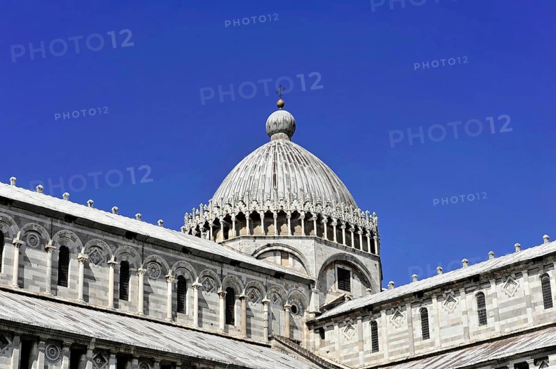UNESCO World Heritage Site, Pisa, Tuscany, Italy, Europe, Roof and dome of Pisa Cathedral, distinct architectural details under a bright blue sky, Europe