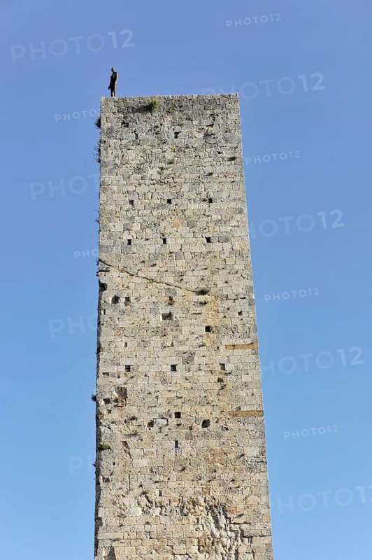 Towers of gender, Landscape, in autumn, Fields with olive trees, Vineyards, Tuscany, Italy, Europe, High medieval stone tower rises into the sky above the city, Europe