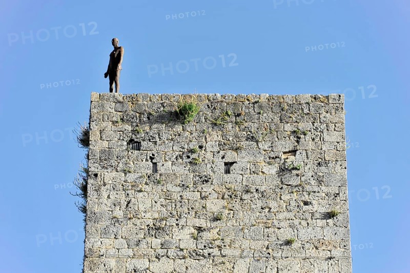 Gender towers, Landscape, in autumn, Fields with olive trees, Vineyards, Tuscany, Italy, Europe, Small statue on a high stone tower, in front of a clear sky, Europe