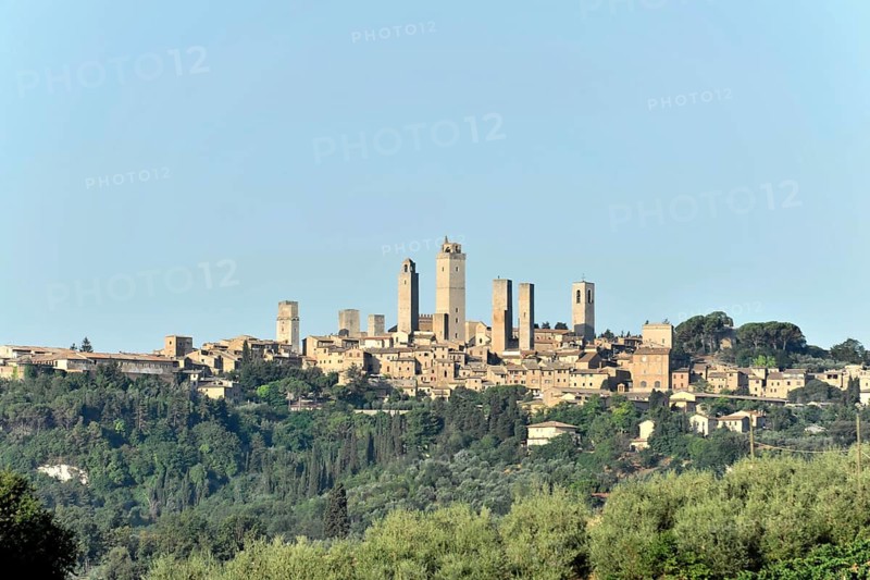 Gender towers, landscape, in autumn, fields with olive trees, vineyards, Tuscany, Italy, Europe, panoramic view of a city with numerous towers and historic buildings, Europe