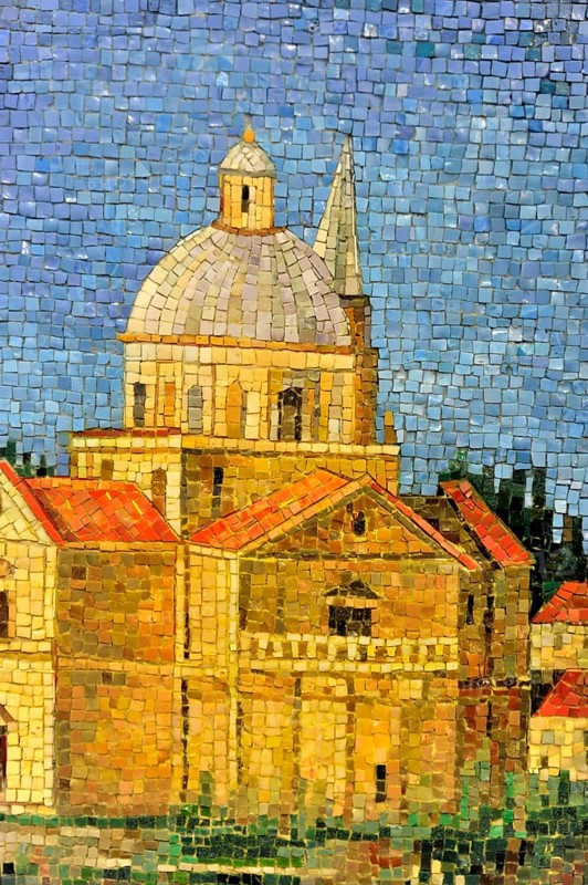 Interior view, pilgrimage church, Renaissance church of San Biagio, architect built 1519-1540, Antonio da Sangallo, Montepulciano, Tuscany, Italy, Europe, mosaic picture of a cathedral with dome under blue sky, showing architectural details, Tuscany, Europe Italy, Europe