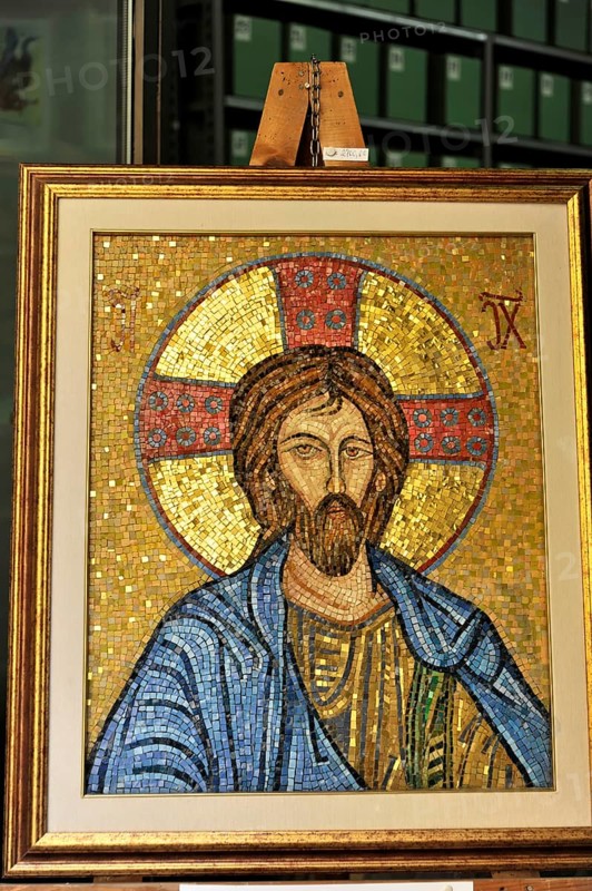 Montepulciano, Tuscany, Italy, Europe, Golden mosaic of Jesus Christ framed in traditional Christian iconography, Tuscany, Europe Italy, Europe