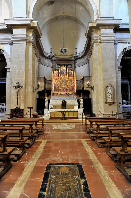 Montepulciano, Tuscany, Italy, Europe, The interior of a church with wooden benches and a magnificent altar, Tuscany, Europe Italy, Europe