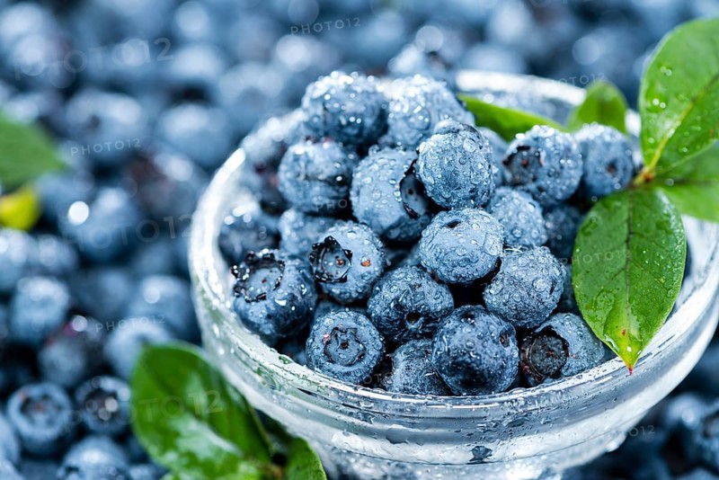 Heap of fresh harvested Blueberries (with water drops)