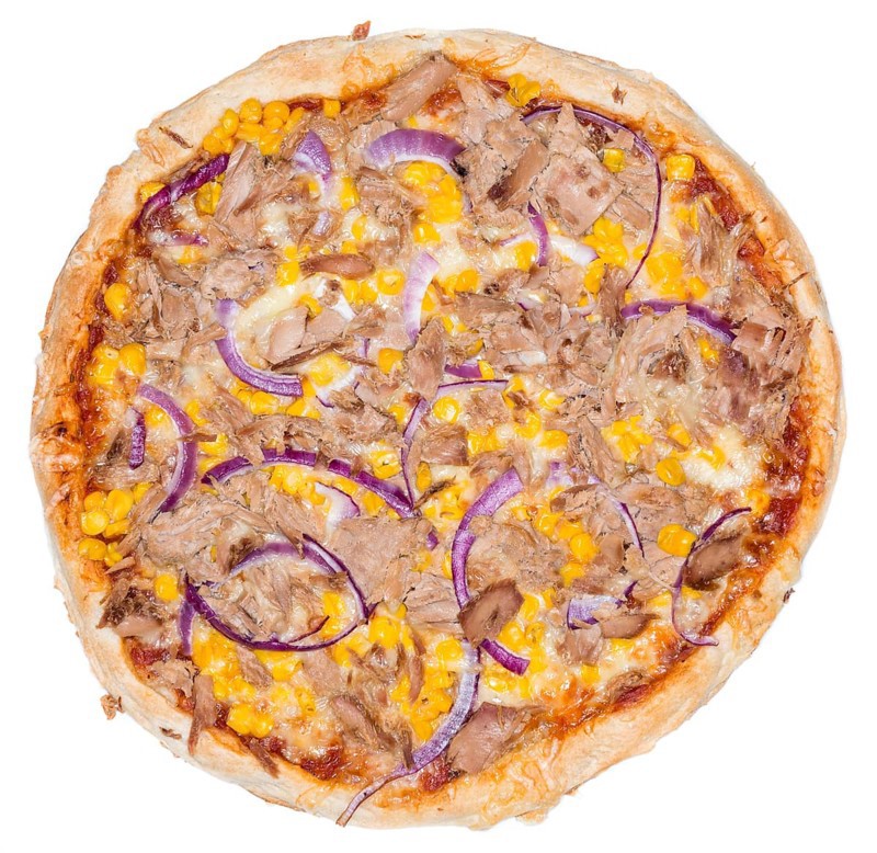 Fresh made Tuna Pizza with corn and red onions isolated on white backgroun