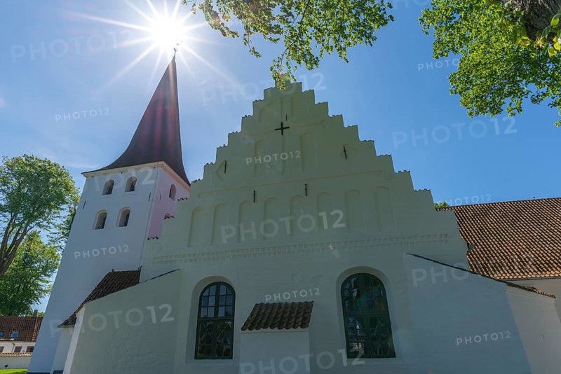 Bogense on the Kattegat, St Nicolas Church, Danish architecture, stepped gable, backlight, Fyn, island of Funen, Baltic Sea, Denmark, Europe