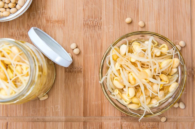 Preserved Soy Sprouts (close-up shot) on wooden background