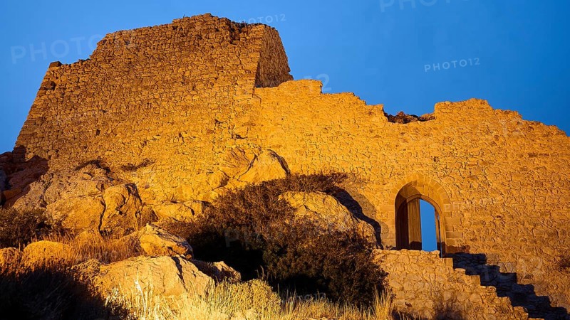 Night shot, close-up of an illuminated old castle ruin with stone steps and an archway at night, Kritinia Castle, St John's Castle, Kritinia, Rhodes, Dodecanese, Greek Islands, Greece, Europe