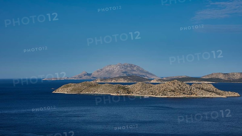 View of an island in the blue sea, surrounded by clear skies and wide expanses of water, Makri Island, Alimia Island, Chalki Island, Kritinia Castle, St John's Castle, Kritinia, Rhodes, Dodecanese, Greek Islands, Greece, Europe