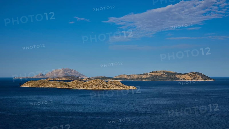 View of several islands in the blue sea under a clear sky with light clouds, Makri Island, Alimia Island, Chalki Island, Kritinia Castle, St John's Castle, Kritinia, Rhodes, Dodecanese, Greek Islands, Greece, Europe