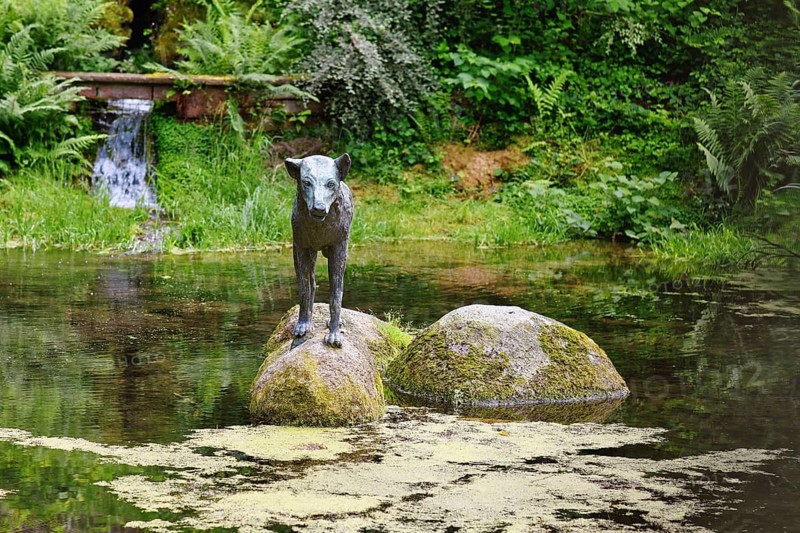 Heidelberg, Germany, June 8th 2024: Wolf sculpture at historic well called 'Wolfsbrunnen' in Heidelberg-Schlierbach, Europe