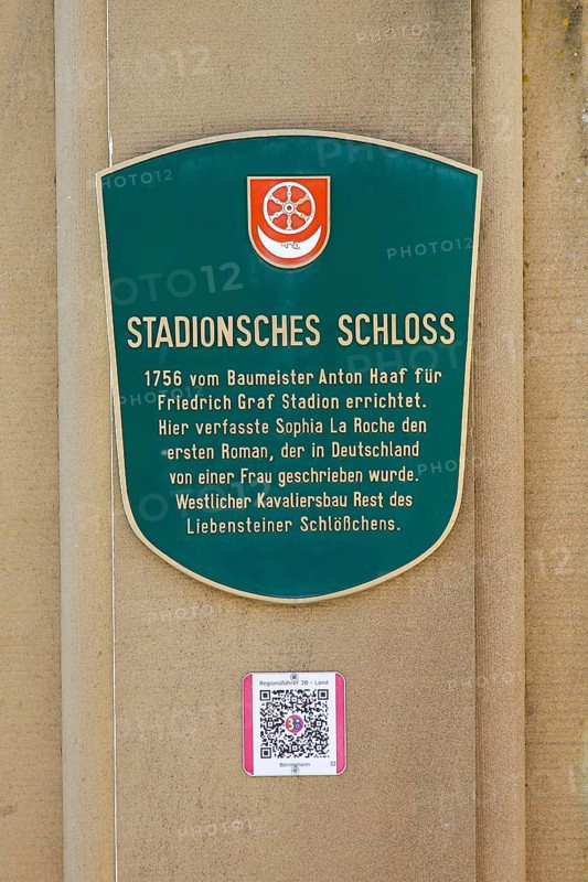 Sign, lettering, information board, information board, letters, Stadion Castle Bönnigheim built in 1756, master builder Anton Haaf, built for Imperial Count Anton Heinrich Friedrich von Stadion, reference to Sophia La Roche, Bönnigheim, Ludwigsburg district, Baden-Württemberg, Germany, Europe