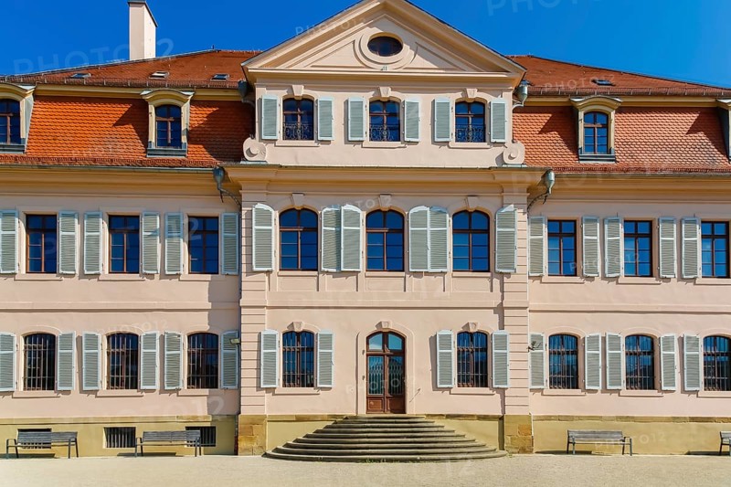 Stadionsche Schloss Bönnigheim, building, architecture, historical building, late baroque style, master builder Anton Haaf, built in 1756 on behalf of Imperial Count Anton Heinrich Friedrich von Stadion, Minister and Chancellor of the Archbishop and Elector of Mainz, small country palace, summer residence, windows, white shutters, roof, south side, Bönnigheim, Ludwigsburg district, Baden-Württemberg, Germany, Europe