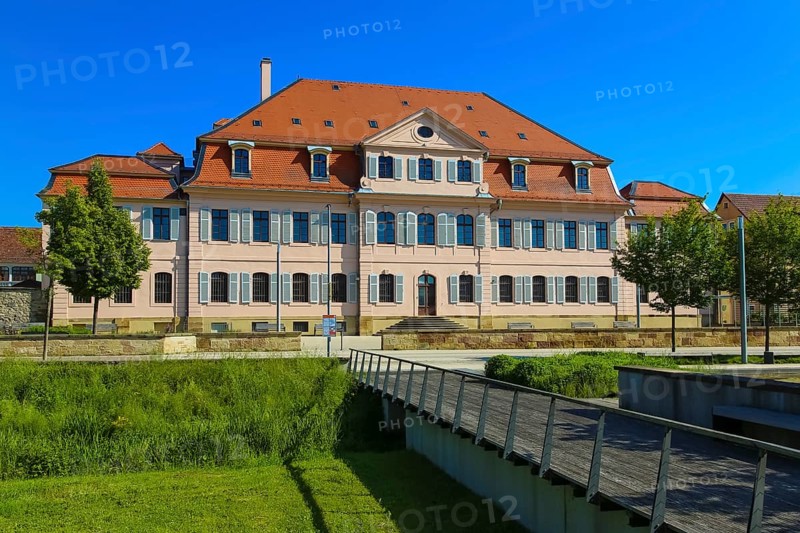 Stadionsche Schloss Bönnigheim, building, architecture, historical building, late baroque style, master builder Anton Haaf, built in 1756 on behalf of Imperial Count Anton Heinrich Friedrich von Stadion, Minister and Chancellor of the Archbishop and Elector of Mainz, small country palace, summer residence, windows, white shutters, roof, south side, Bönnigheim, Ludwigsburg district, Baden-Württemberg, Germany, Europe