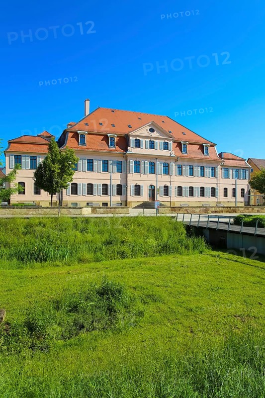 Stadionsche Schloss Bönnigheim, building, architecture, historical building, late baroque style, master builder Anton Haaf, built in 1756 on behalf of Imperial Count Anton Heinrich Friedrich von Stadion, Minister and Chancellor of the Archbishop and Elector of Mainz, small country palace, summer residence, windows, white shutters, roof, south side, Bönnigheim, Ludwigsburg district, Baden-Württemberg, Germany, Europe