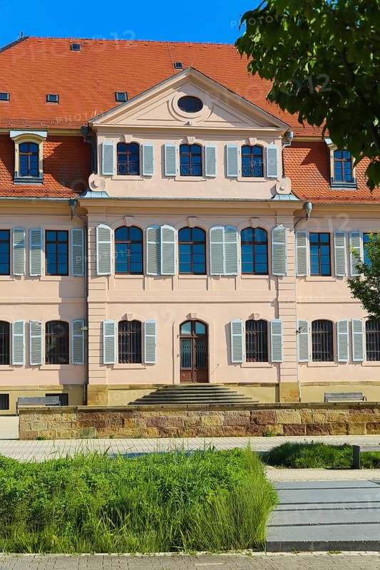 Stadionsche Schloss Bönnigheim, building, architecture, historical building, late baroque style, master builder Anton Haaf, built in 1756 on behalf of Imperial Count Anton Heinrich Friedrich von Stadion, Minister and Chancellor of the Archbishop and Elector of Mainz, small country palace, summer residence, windows, white shutters, roof, south side, Bönnigheim, Ludwigsburg district, Baden-Württemberg, Germany, Europe