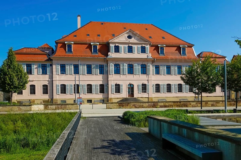 Stadionsche Schloss Bönnigheim, building, architecture, historical building, late baroque style, master builder Anton Haaf, built in 1756 on behalf of Imperial Count Anton Heinrich Friedrich von Stadion, Minister and Chancellor of the Archbishop and Elector of Mainz, small country palace, summer residence, windows, white shutters, roof, south side, Bönnigheim, Ludwigsburg district, Baden-Württemberg, Germany, Europe