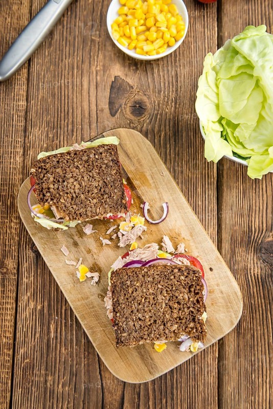 Tuna sandwich with wholemeal bread (selective focus, close-up shot)