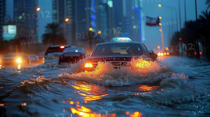 Taxi driving through a heavily flooded street at night, water splashing and reflecting city lights, AI Generated, AI generated