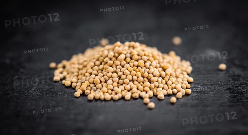 Portion of Seeds (Mustard) on a rustic slate slab (selective focus, close-up shot)