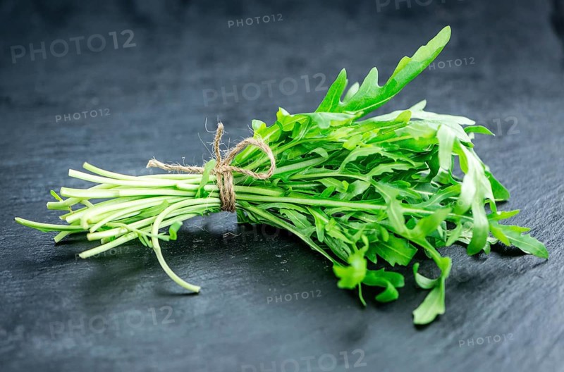 Fresh Arugula (selective focus) as detailed close-up shot on vintage background