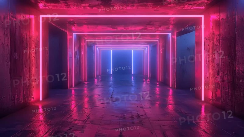 A rectangular room with neon lights in pink and blue, creating reflections on the floor and walls, giving it a futuristic look, AI generated