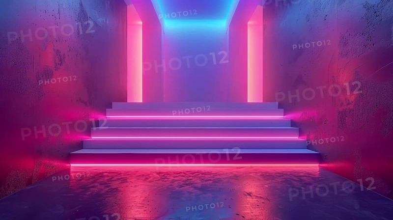 Neon-lit stairs with pink and blue hues, reflecting a modern and futuristic design with a glowing ambiance, AI generated