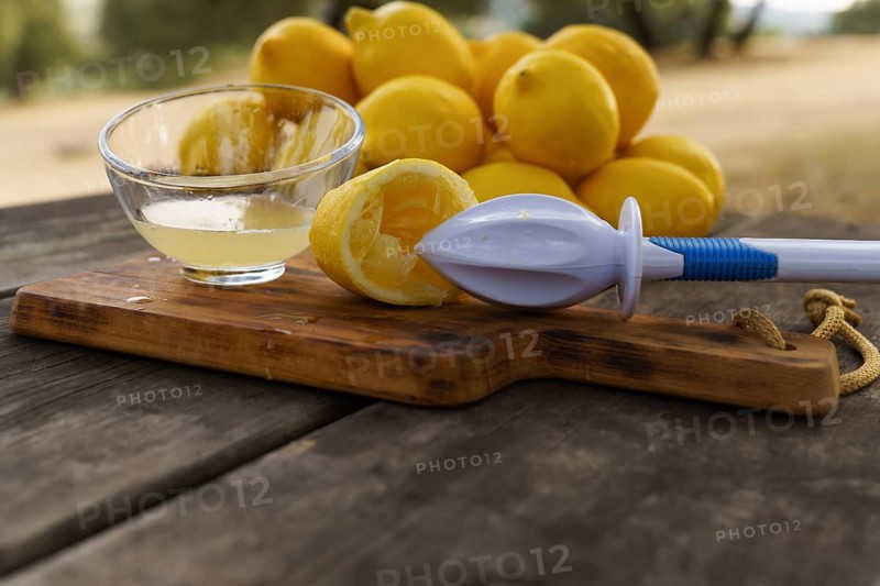 Lemon squeezed with a hand juicer on a wooden table in the field with a pile of lemons and trees in the background