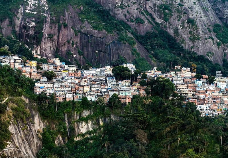 Favela Vidigal in Rio de Janeiro during sunset, aerial shot from a helicotper