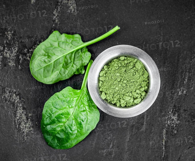 Homemade green spinach powder (close up shot, selective focus)
