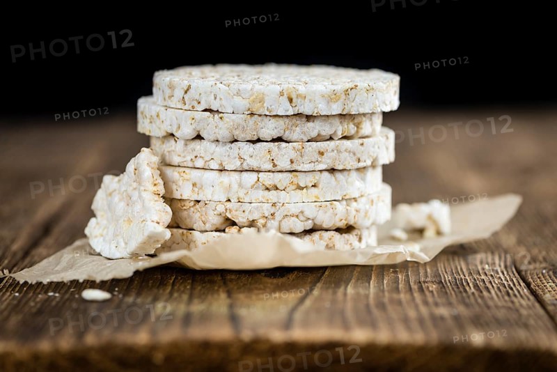 Portion of Rice Cakes (close-up shot) on wooden background