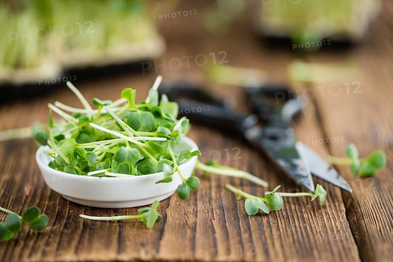 Cress on an old wooden table as detailed close-up shot (selective focus)