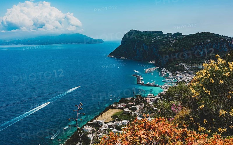 View of beautiful Marina Grande habour from above, Capri island, Italy, Europe