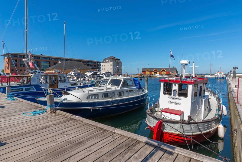 Rudkobing harbour, fishing boat, yachts, jetty, building, maritime flair, Langeland island, Sydfyn, South Funen, Baltic Sea, Danish South Sea, Denmark, Europe