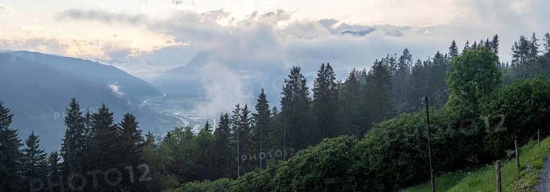 Evening clouds and fog over the Liesingtal, in the valley the village Traboch, Schoberpass federal road, panoramic view, view from the lowlands, Leoben, Styria, Austria, Europe