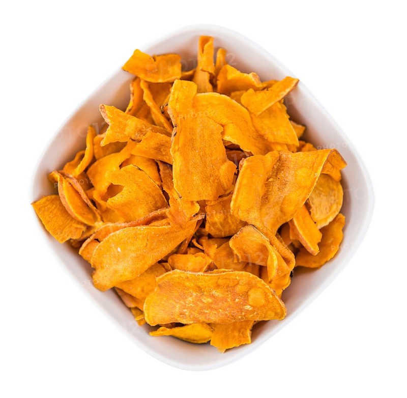 Sweet Potato Chips isolated on white background, selective focus, close-up shot